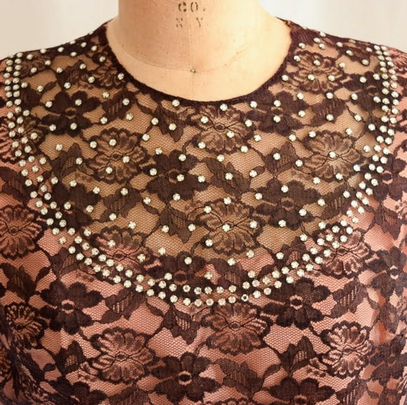 Vintage 1960s Rhinestone Studded Lace Shift Dress - Picture 2 of 4